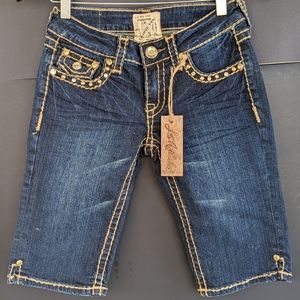 NWT LA Idol USA Juniors Denim Shorts Size 3 Slim Rhinestones Bling Gold